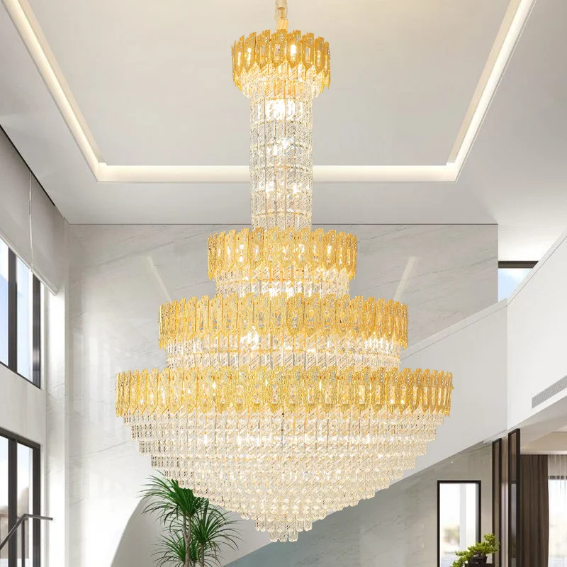 New European Duplex Large Chandelier Villa Building Middle Floor For Living Room Crystal Lamp Hollow Hall Long Chandelier Luxury
