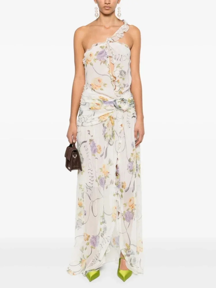 เดรสยาวลายพิมพ์เปิดไหล่ข้างเดียวสำหรับฤดูร้อน ดีไซน์เว้าหลัง แขนกุด แต่งระบายดอกไม้ ผ่าข้าง ทรงเข้ารูป เหมาะสำหรับงานปาร์ตี้ตอนเย็น