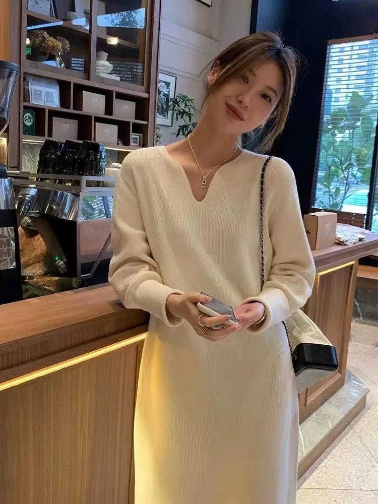 

Simple Women's Sweater Dress 100% Merino Wool Irregular Collar Knit Autumn Winter Straight Maxi Skirt Elegant Clothes Long Dress