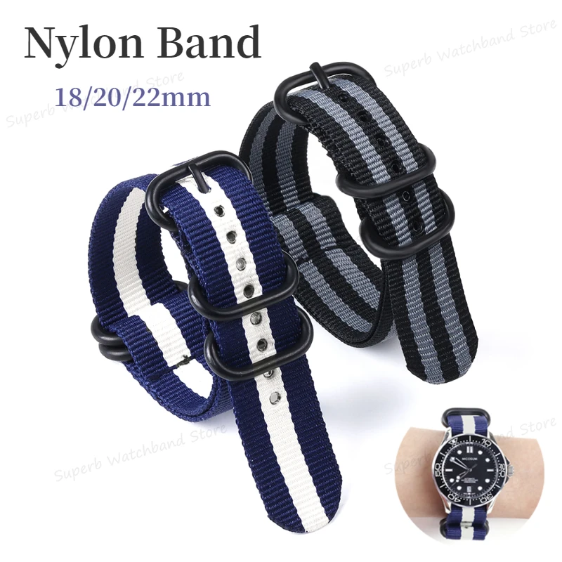 Ремешок тканевый для наручных часов, Универсальный сменный Браслет с черной пряжкой, в стиле милитари, Нейлоновый, 18 мм 20 мм 22 мм