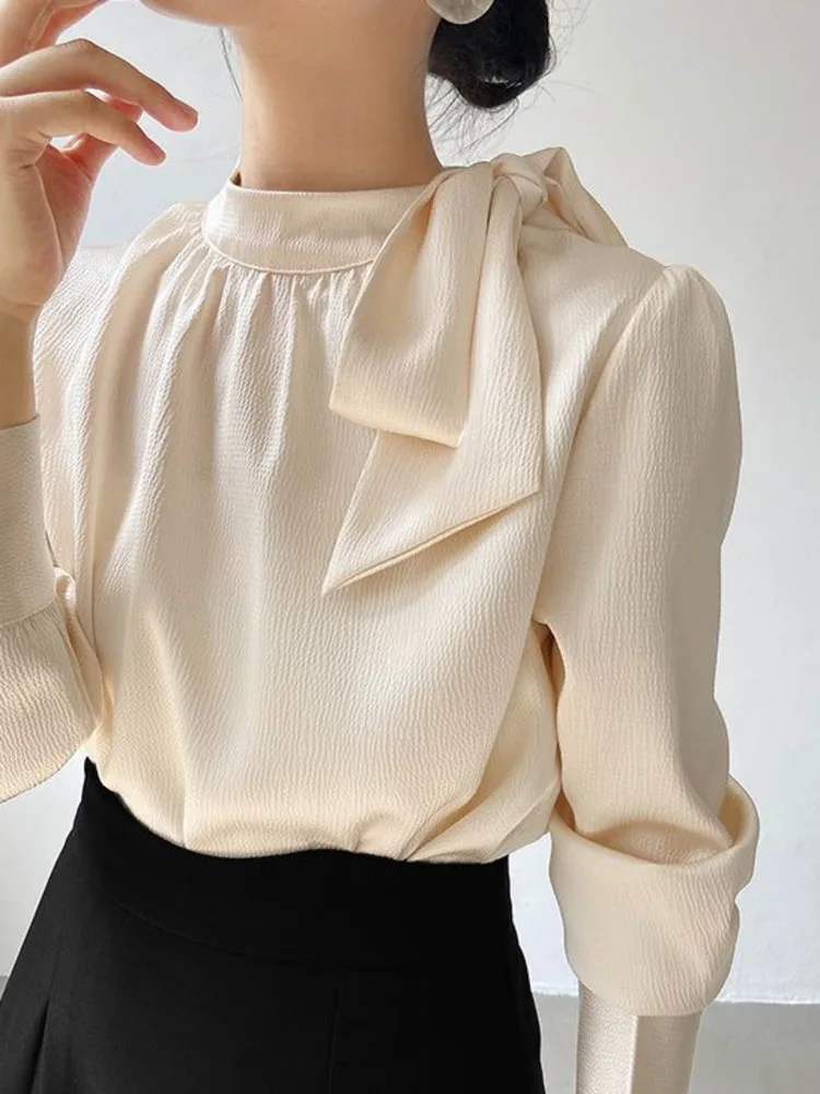 [HAIBE] 2025 Spring And Autumn Gentle Wind Apricot Bow Blouse Women's Lace-up Blouse Career Commute