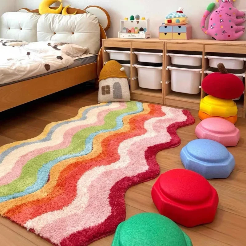 Machine Washable Rainbow Rug Irregular Floor Mat Kawaii Bedroom Bedside Carpet Kids Room Decor Cute Long Runner Area Rug