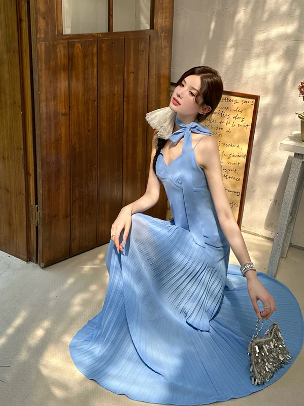 

Beach Vaion n Sle Gown Skirted Maxi Dr with Pleats Slimming Waist Design Summer Season Women's Faion