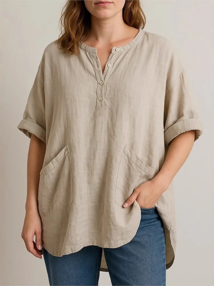 

New Womens Tops And Blouses Summer Fashion Elegant Casual Solid Loose V Neck Three Quarter Cotton Linen Women's Tops And Shirts
