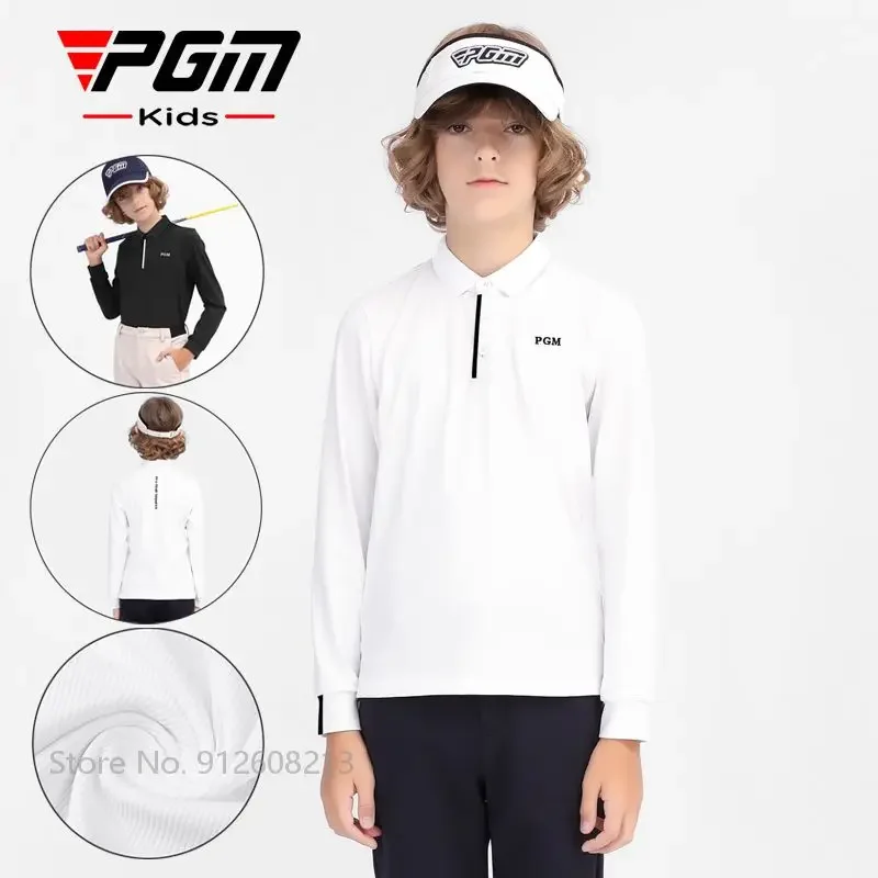 PGM Boys Autumn Spring Golf Tops Long-sleeved Golf Lapel T-shirts Kids Windproof Sports Shirt Children Elastic Soft Apparel S-XL