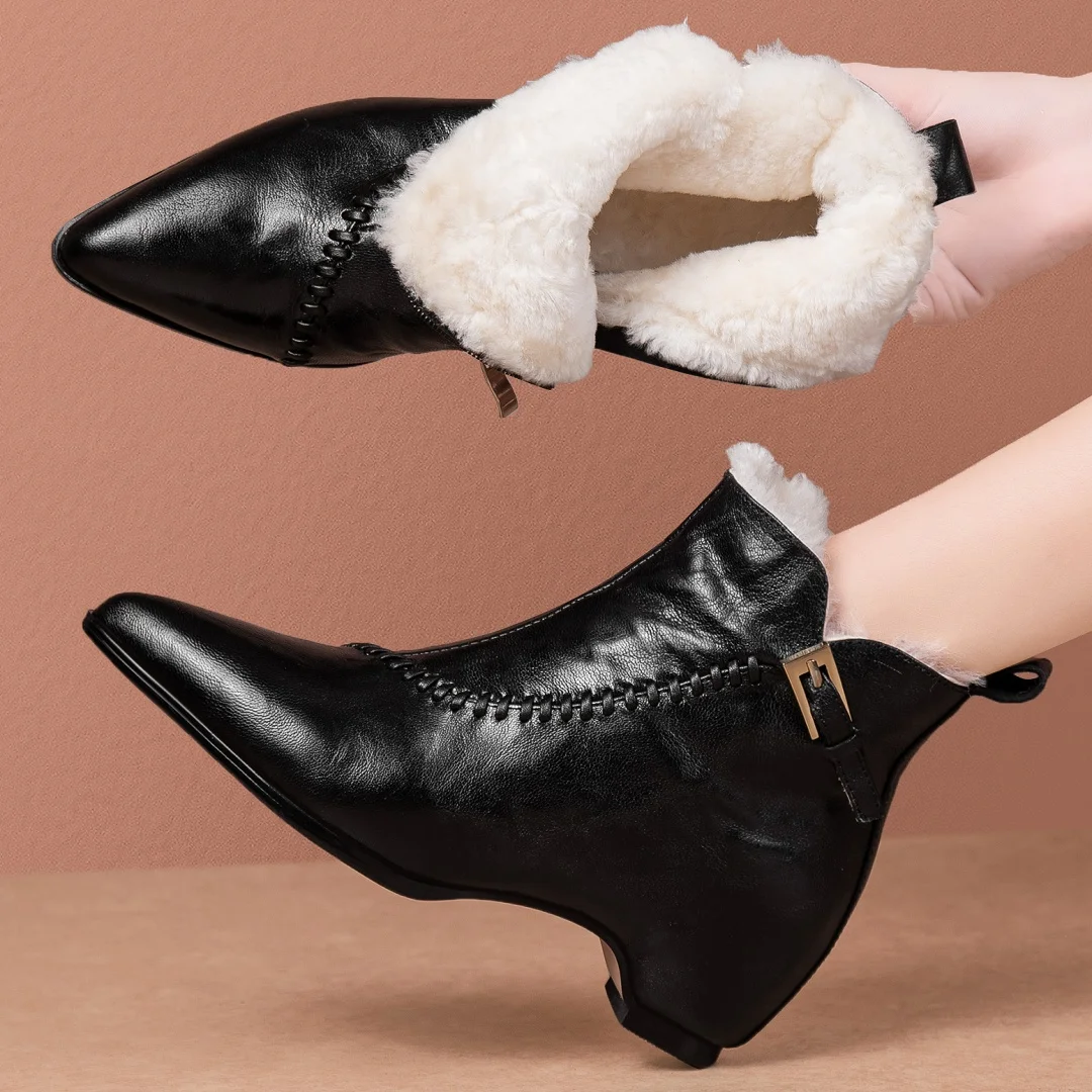 

Women's cow leather pointed toe metal buckle side zip wool inside winter ankle boots 6cm wedge high heel elegant short booties