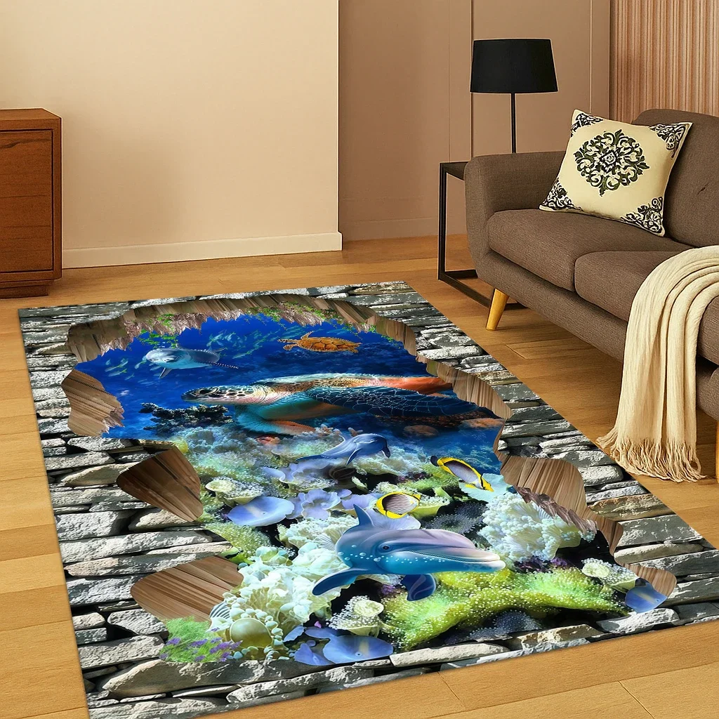 Illusion Underwater World Dinosaur Dolphin Carpet Rug for Home Bedroom Living Room Sofa Doormat Decor,Kid Game Non-slip Area Rug