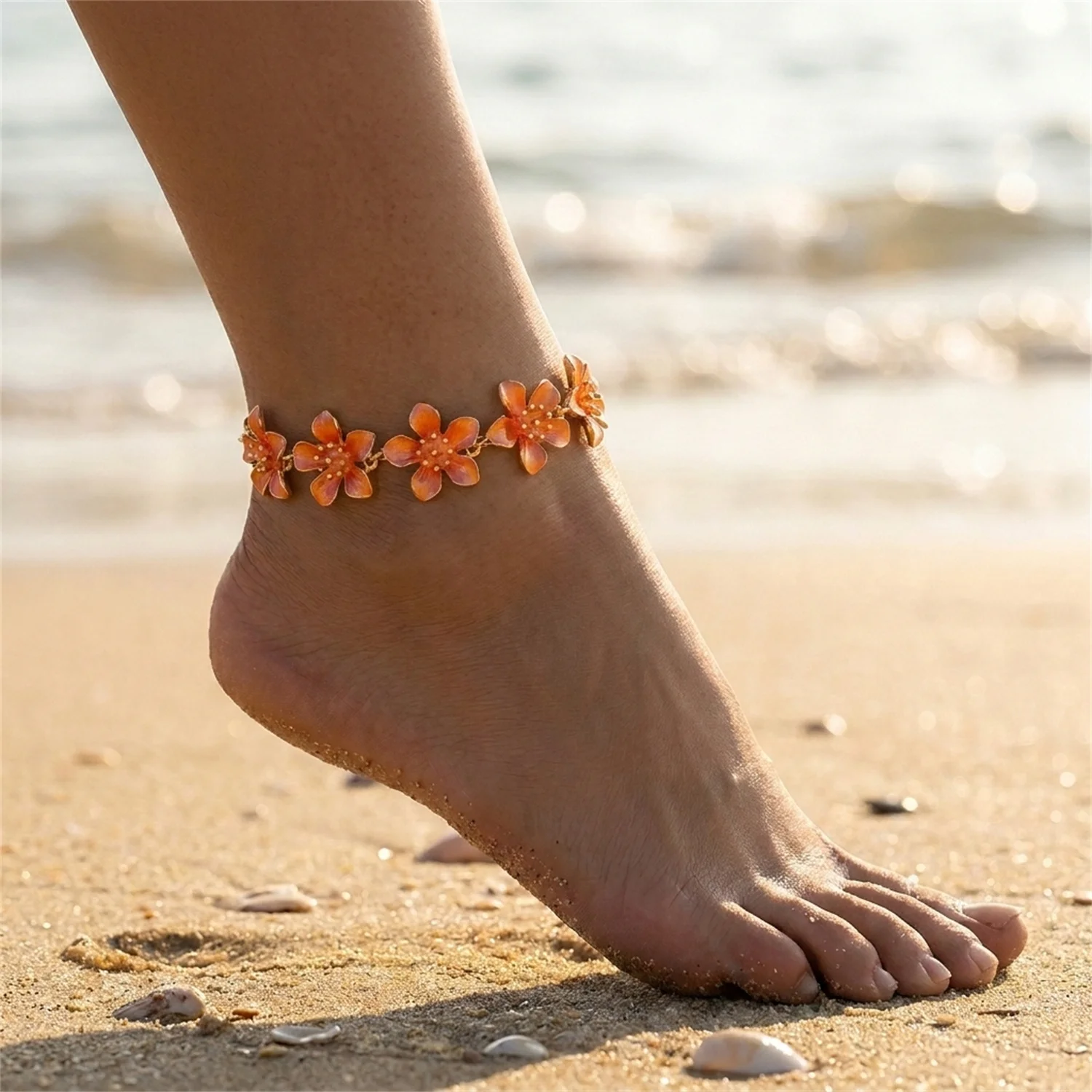 Metall-Emaille-Blumen-Fußkettchen für Frauen, minimalistisches Boho-Blumen-Pflanzen-Kettenarmband am Bein, modischer Sommer-Strandschmuck – Detail 1