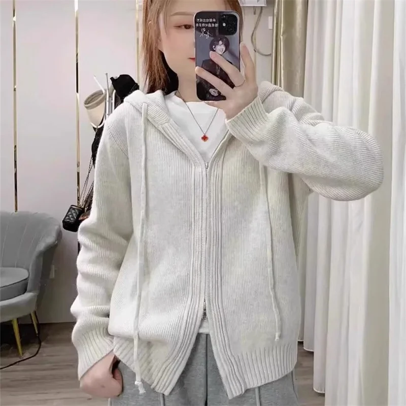 Осенне-зимний женский вязаный свитер с капюшоном премиум-класса, длинный кардиган без катышков, пальто обычной длины, повседневный Sle