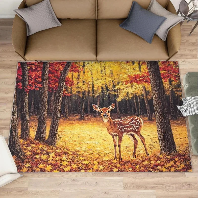 VIKAMA Vintage-Teppich mit Rentiermuster, weicher, rutschfester Teppich, Kiefernbaum, Ethno-Stil, für Wohnzimmer, Schlafzimmer, Heimdekoration, Bodenmatte