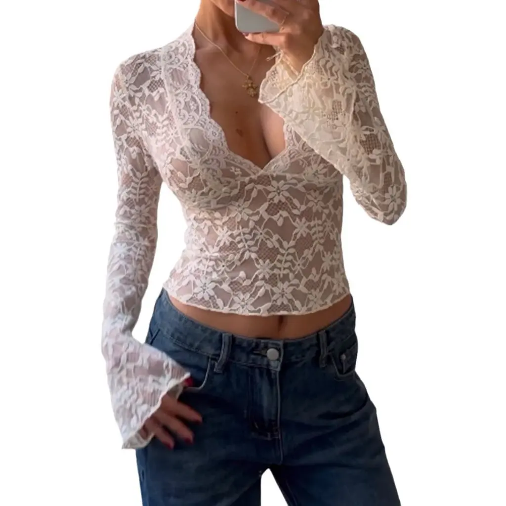 

Women's Slim Fit Long Sleeve Lace Top Deep V Neck Sexy Style Europe And US Fashion Autumn New Arrivals