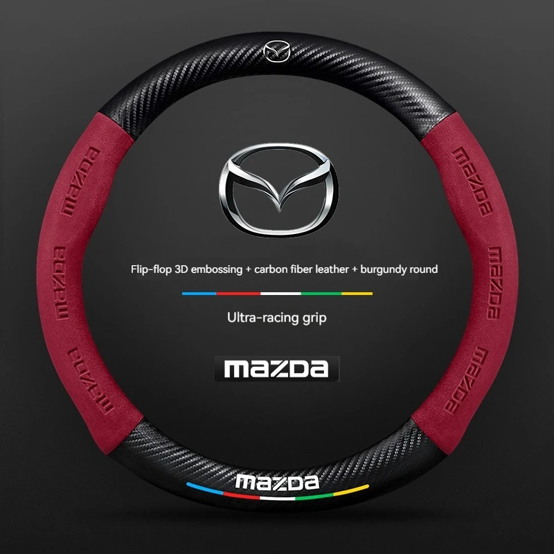 For Mazda 3 5 6 SKYACTIV Axela Atenza CX30 CX5 CX8 CX9 MX5 RX8 RX7 BT50 Carbon fiber Suede Car Steering Wheel Cover Accessories