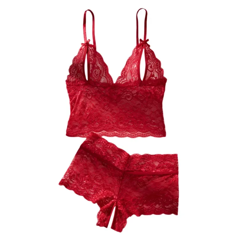 Red Floral Lace Open Brassiere Crotchless Panties Sexy Lingerie Female Sling Transparent Sets Seductive Women's Fetish Underwear