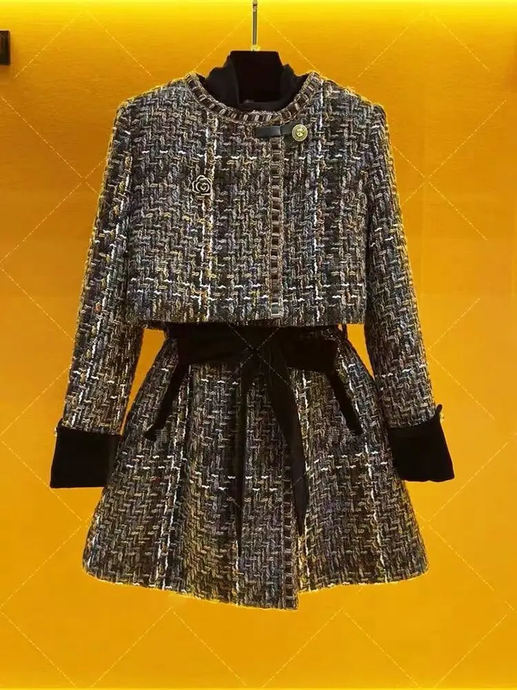 Wanita elegan Vintage Tweed wangi jas Jacke mantel atas dan gaun dua potong Set Mtching pakaian musim dingin Jacquard pesta pakaian