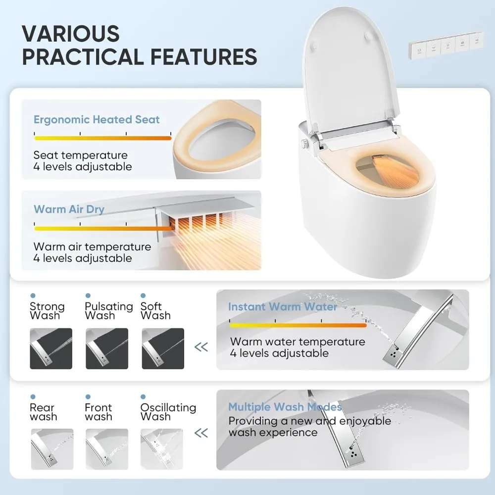 WC intelligente con sedile bidet incorporato, WC senza serbatoio con apertura e scarico del coperchio automatico, sedile riscaldato, display digitale, allungato