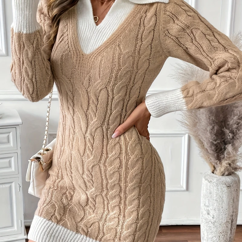 

Long-sleeved Sweater in Autumn and Winter 2025 Doll Collar Color Matching Pullover Short Women's Knitted Dress