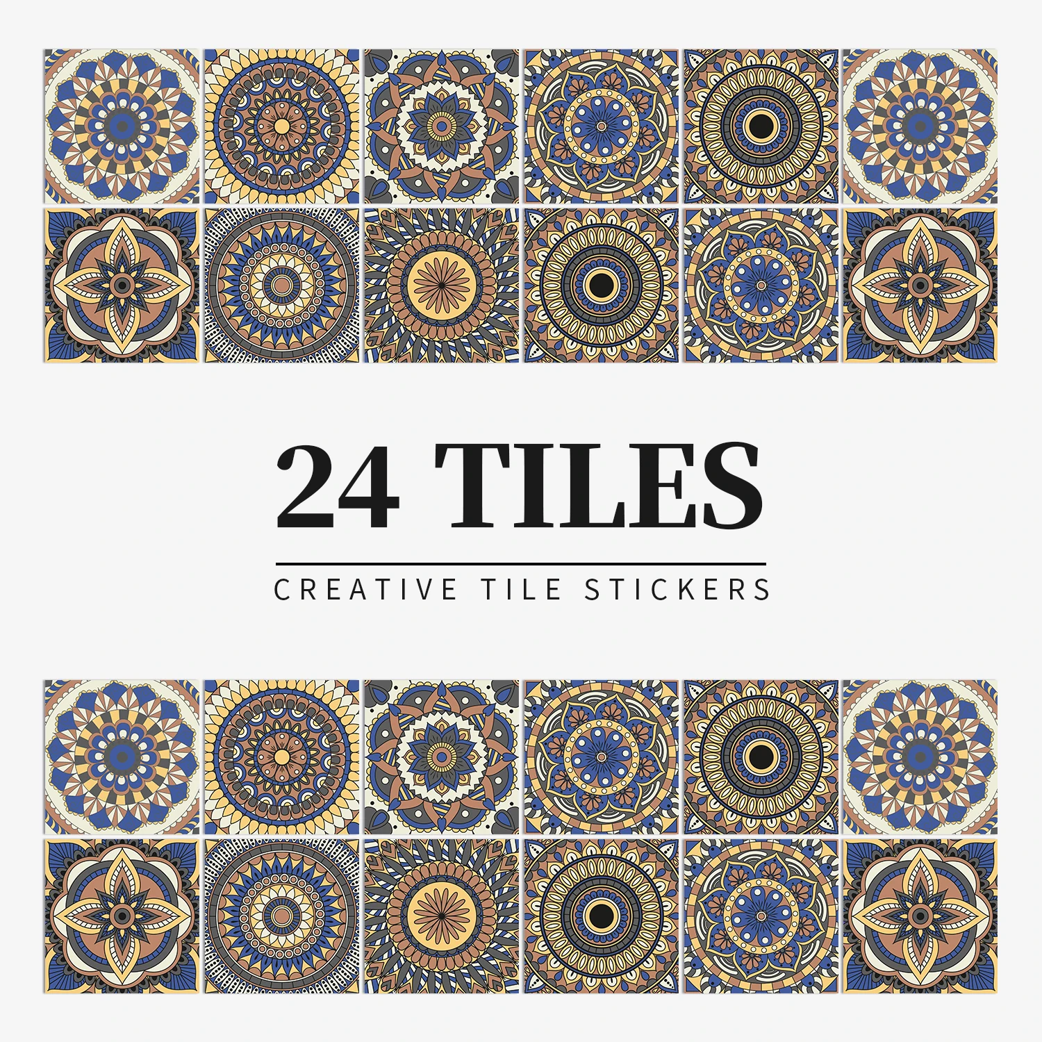 24 pcs/pack, Waterproof and Oil-proof, Easy To Clean, Ethnic Mandala Pattern Self-adhesive PVC Tile Stickers