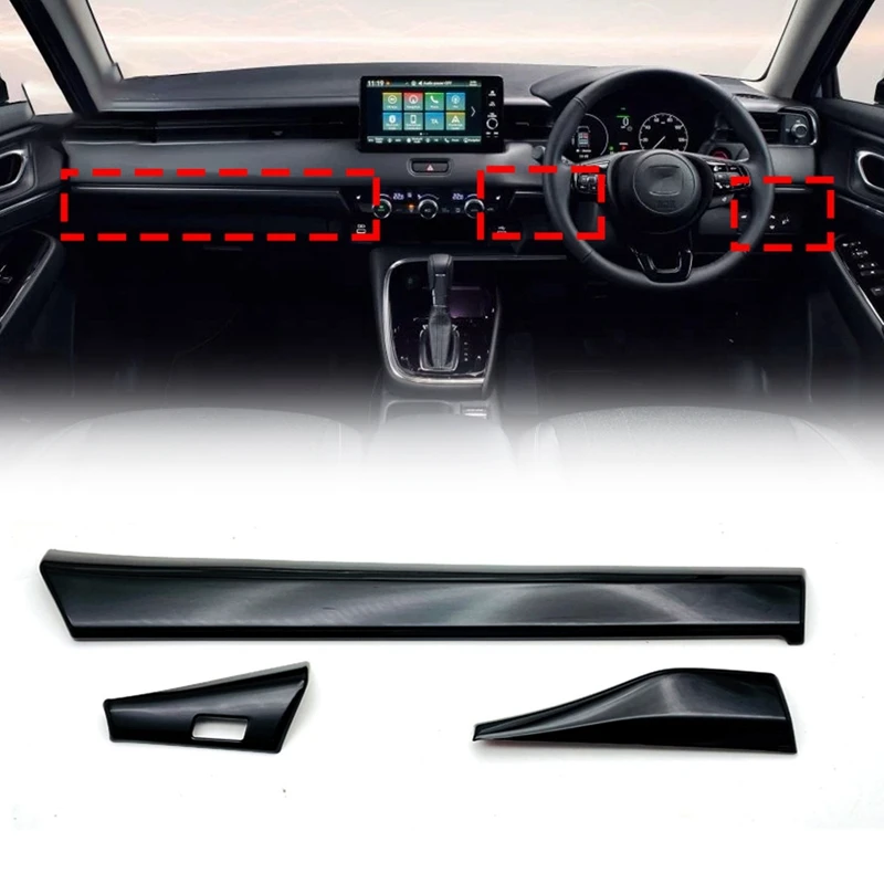 3Pcs Car Glossy Black Center Console Dashboard Panel Decorative Cover Trim For Honda HRV HR-V Vezel 2021 2022 RHD