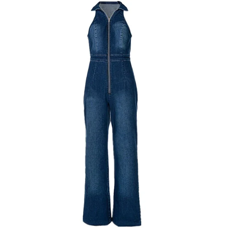 New lapel flared trousers sexy girl backless zipper cardigan top denim vest jumpsuit women