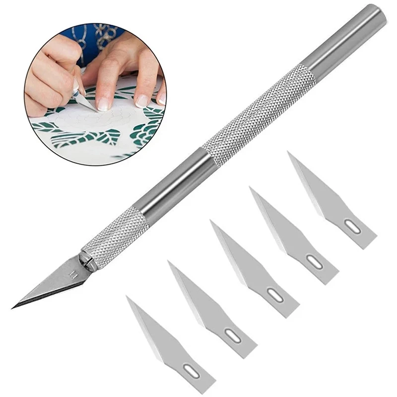 Antislip Metalen Scalpel Messenset Snijder Graveren Handmessen + 5 Stuks Messen #11 Voor Mobiele Telefoon Pcb Diy Reparatie Handgereedschap