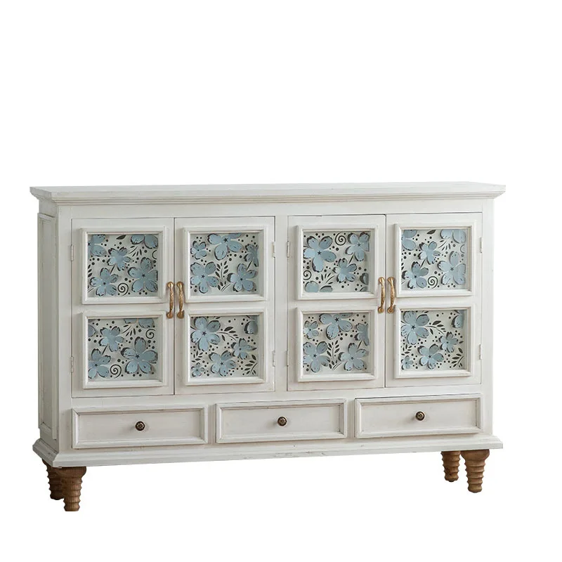 Carved partition porch cabinet, milk white integrated high-end storage cabinet, artistic pastoral style living room shoe cabinet