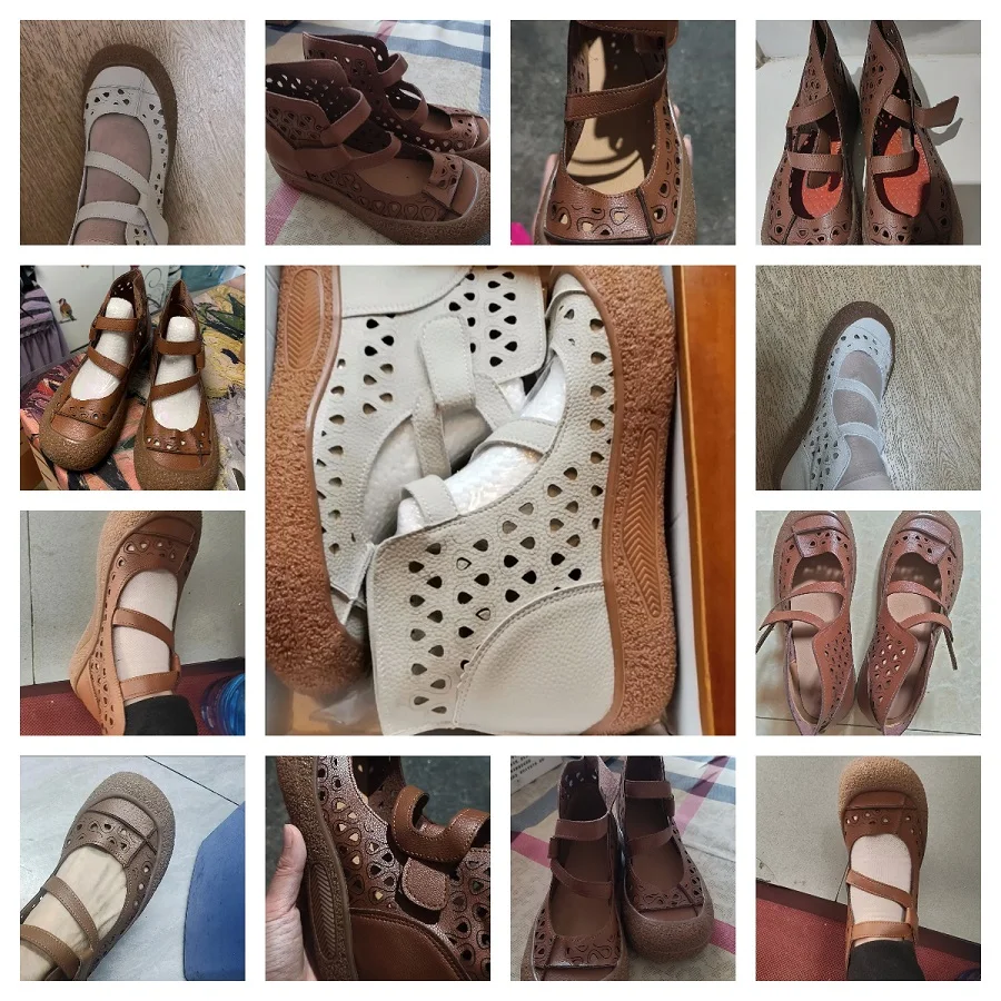 Sommerliche, atmungsaktive Stiefeletten aus echtem Leder, Sandalen für Damen, hohl geschnittene Schnürstiefeletten, handgefertigte flache Freizeitstiefel-Sandalen für Damen – Detail 3