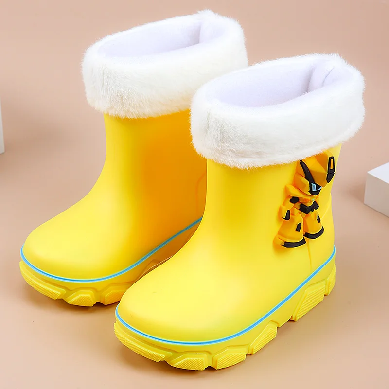 Winter Solid Children Rain Boots Waterproof Detachable Warm Plush Slip On Boys Girls Water Shoes Cute Non Slip Kids Rainboots