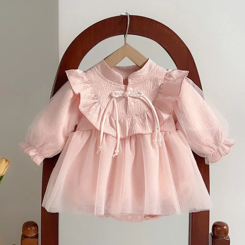 

2025 New Autumn 0-24M Toddler Baby Girls Romper Long Sleeved Mesh Splicing Infant Baby Girls Jumpsuit Children Clothes