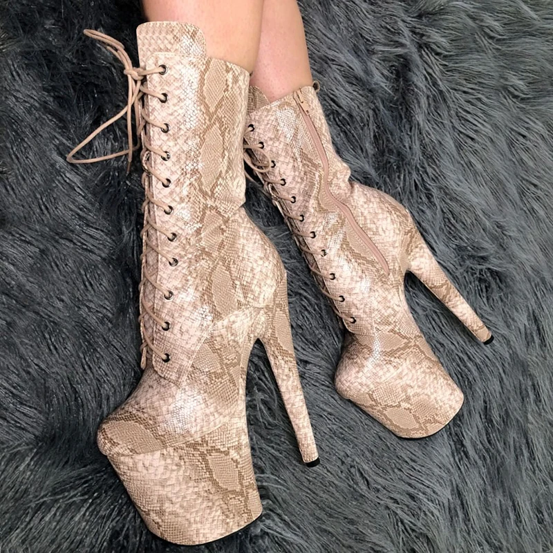 20cm Snake Print Ankle Boots with 8-Inch Platform Super High Heels Sexy Lace-Up Fetish Stripper Pole Dance Shoes Exotic