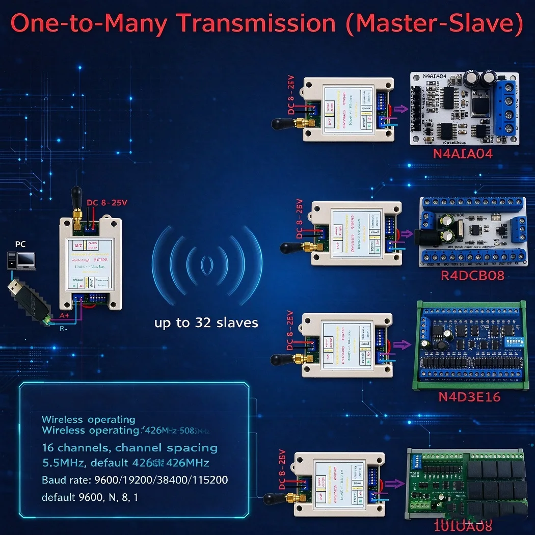 1 /2 /5 PCS VHF UHF Radio 426MHz-508.5MHz RF UART RS485 Wireless Transceiver Board Modbus RTU Master-Slave Module DC 12V 24V