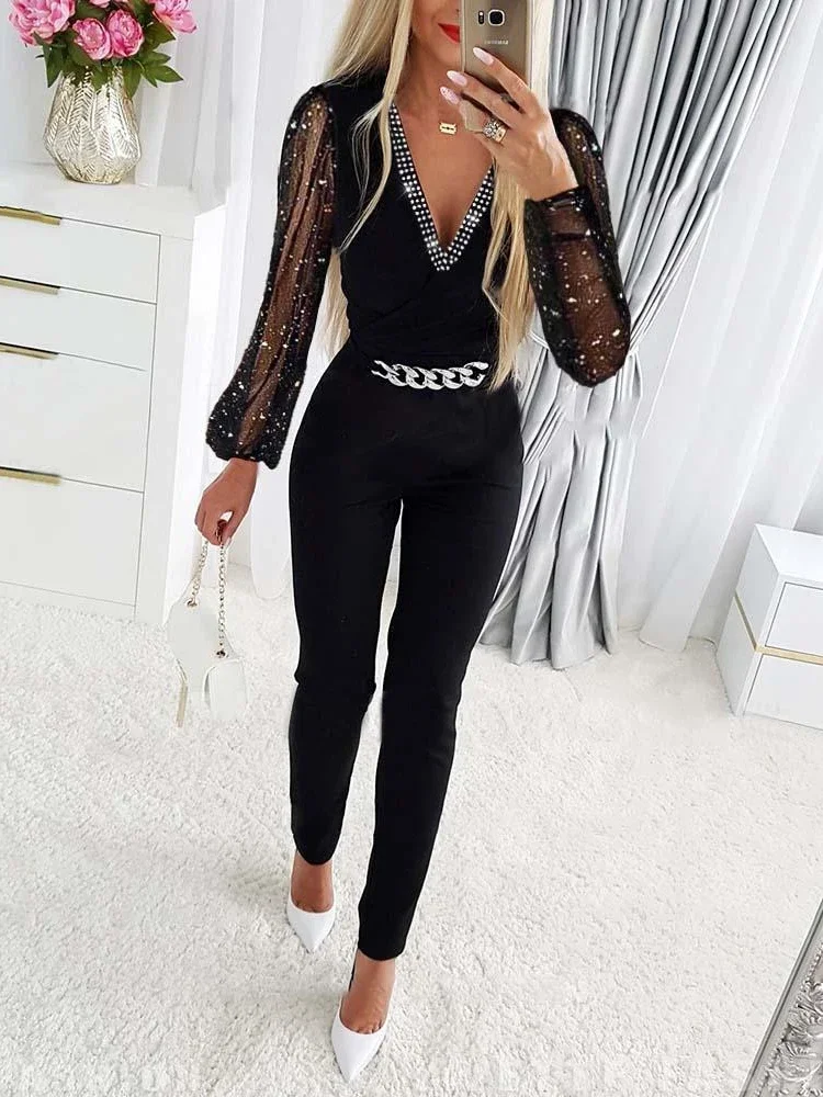 Elegant Jumpsuit Women 2025 New Spring Office Lady Fashion Marble Print Lace Chain Decor V-Neck Long Sleeve Long Jumpsuit Work