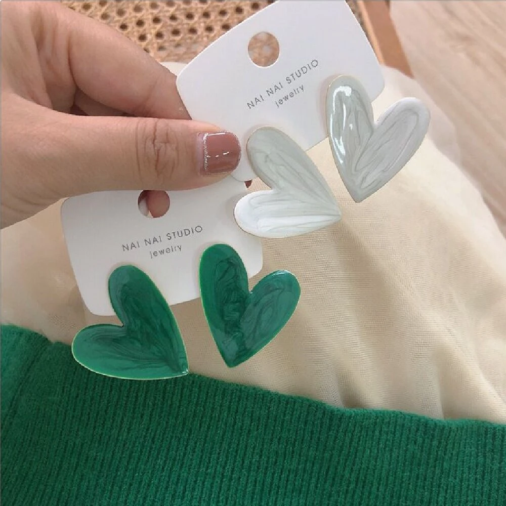 New White Color Big Heart Stud Earrings For Women Girl Korean Love Drop Glaze Aesthetic Daily Life Minimalist Earring Jewelry