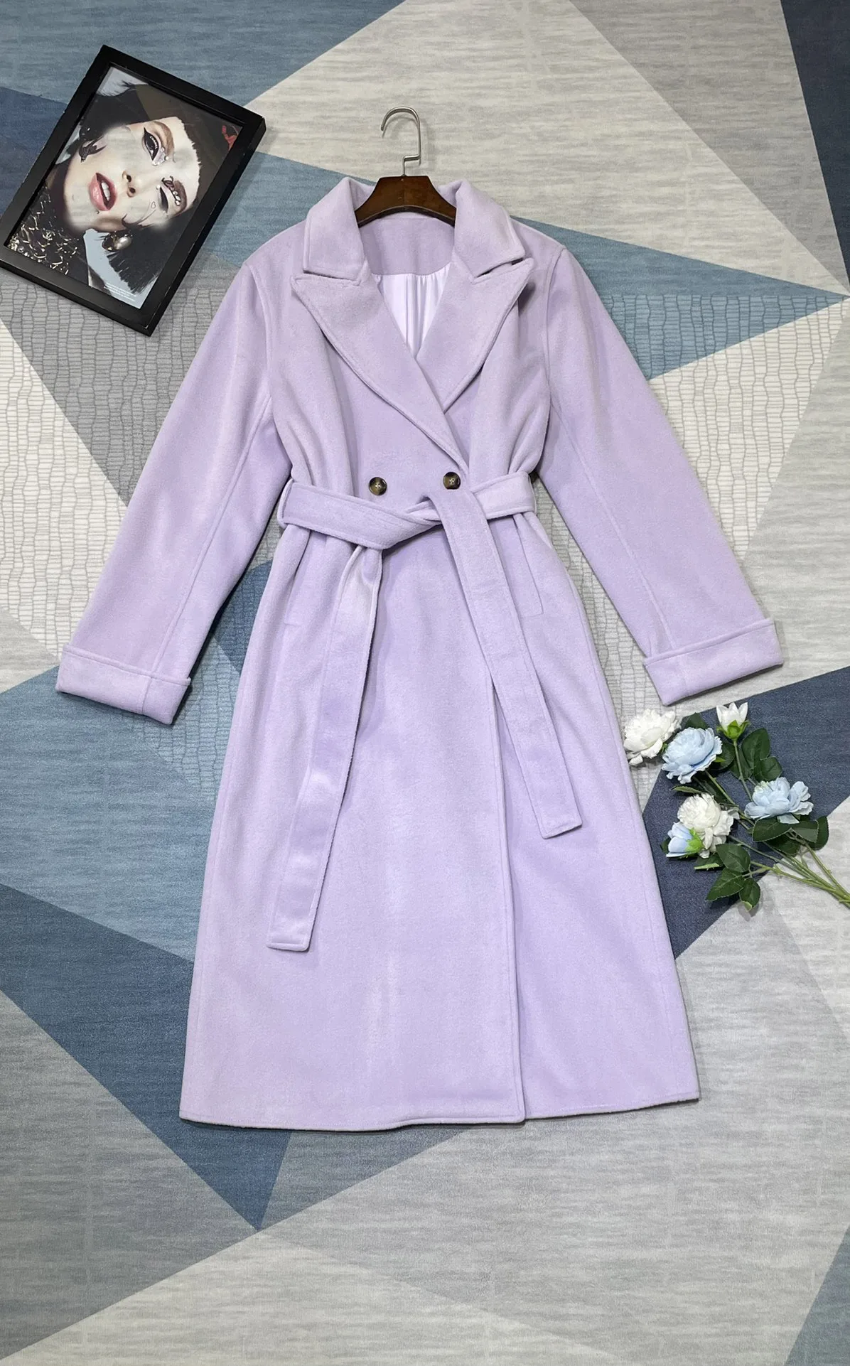 

2024 Women's Clothing Lapel lace-up woolen coat Autumn Winter New 0509
