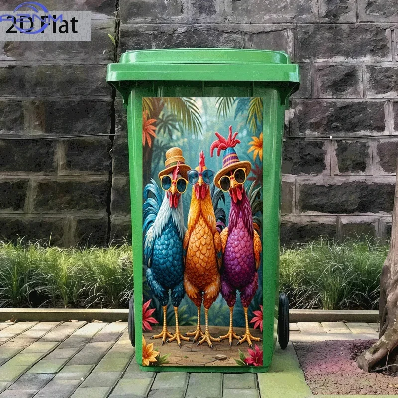 Trash Can Sticker Colorful Chicken Wearing a Hat Group Photo Theme Design Self-Adhesive Wall Decal Wallpaper Kitchen Trash Ca
