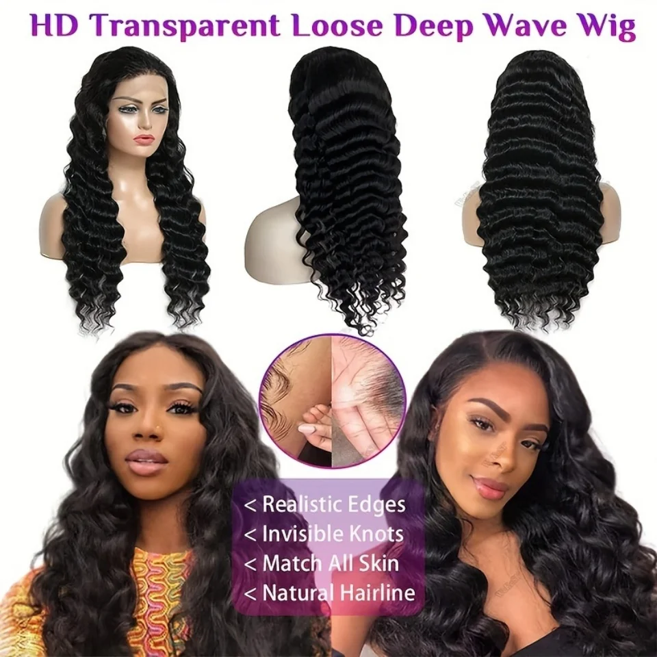 HD 13x6 Loose Nature Wave Lace Front Human Hair Wigs 220% Transparent 30 40 Inch 13x4  Loose Deep  Wave Lace Frontal Wig