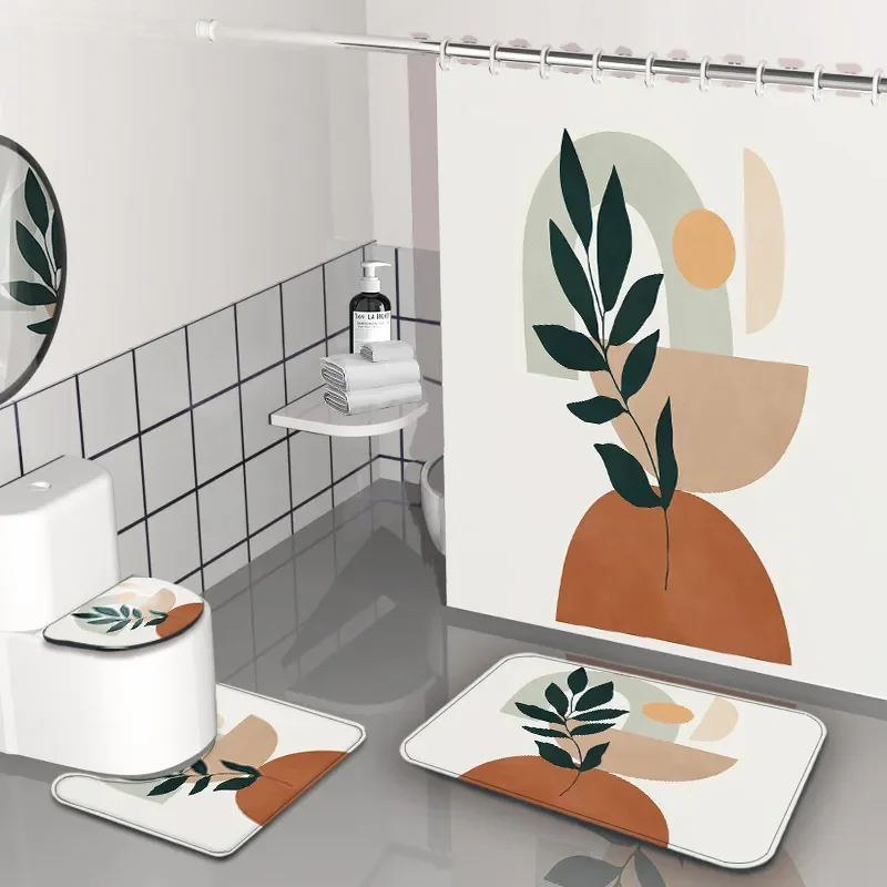4 Pcs Boho Abstract Shower Curtain Set Waterproof Fabric Bath Curtain Leaves Non-Slip Bath Mat Toilet Lid Cover Decor