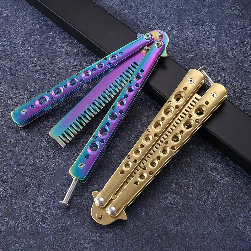 Foldable Comb Stainless Steel Practice Training Butterfly Knife Comb Beard Moustache Brushe Salon Hairdressing Hair Styling Tool