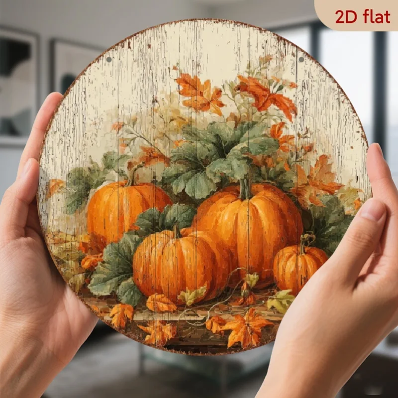 2D Flat, 1pc Retro Pumpkin Metal Wall Art - Heavy Farmhouse Fall Hanging, with Orange Pumpkin And Leaves, 8X8 Inch Art Deco Seas