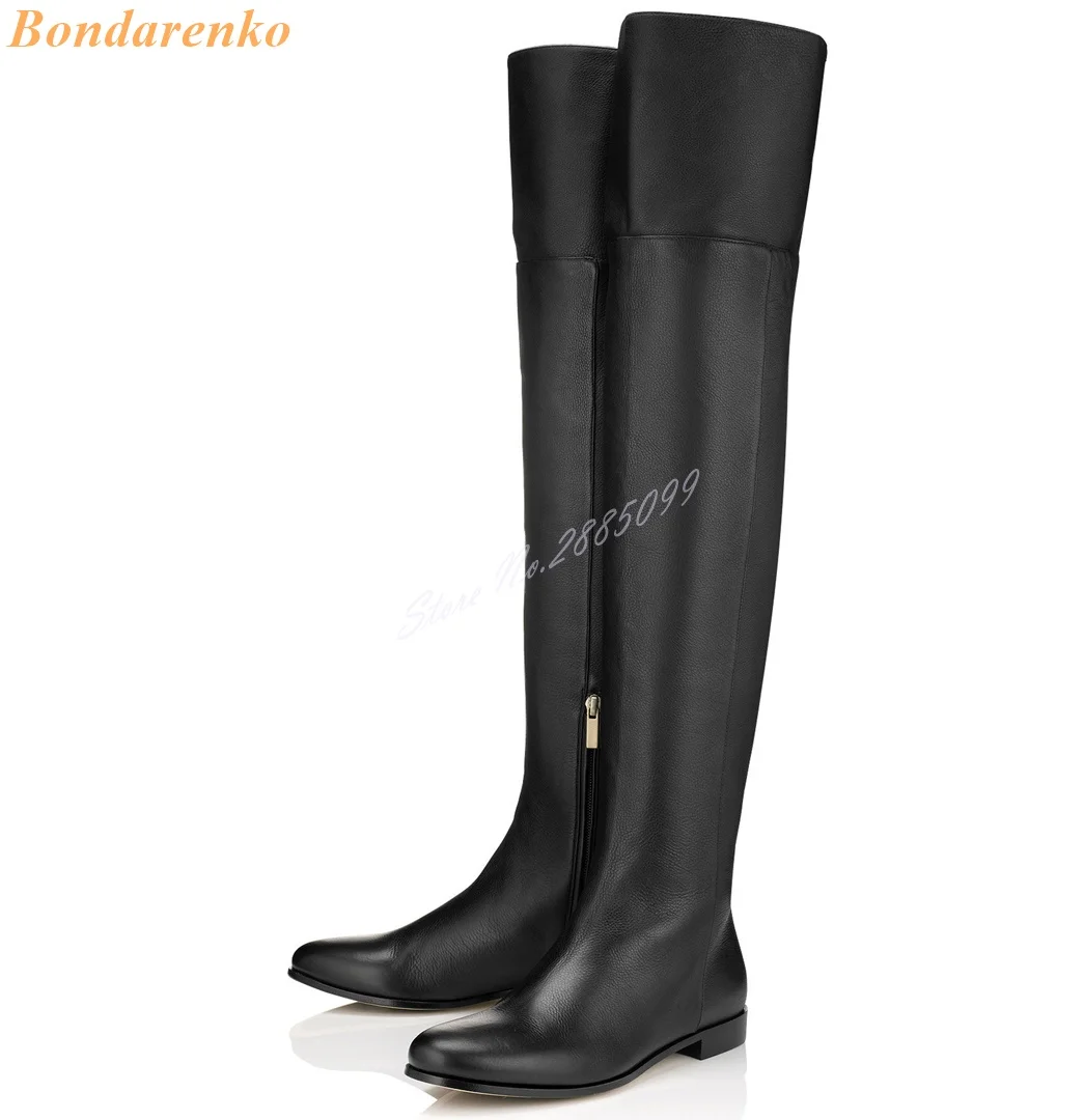 Flat With Leather Boots Over The Knee Solid Side Zipper Causal Women Shoes Winter Autumn Big Size Round Toe Long Boots Office