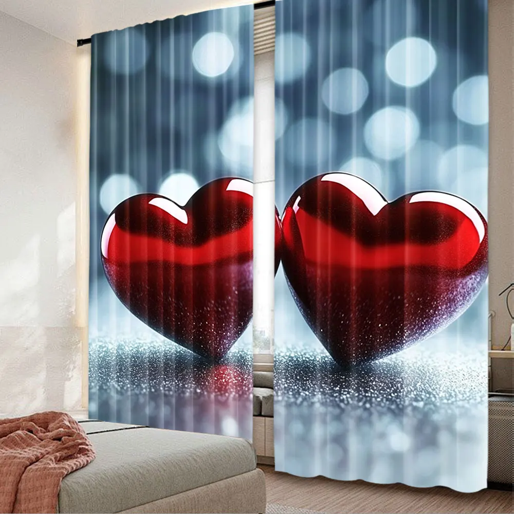 2Pcs Two Red Hearts Curtains Fashion Aesthetic Art Curtains Personalized Two Hearts Close Together Curtains A