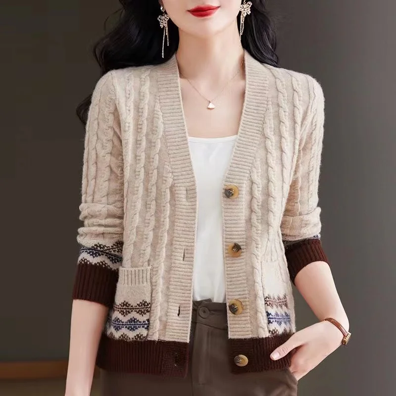 

Cashmere Cardigan High-Quality Sweater Women's Knitwear Coat V-Neck Spring Autumn 2024New Woolen Jacket Fashion Joker Top Ladies