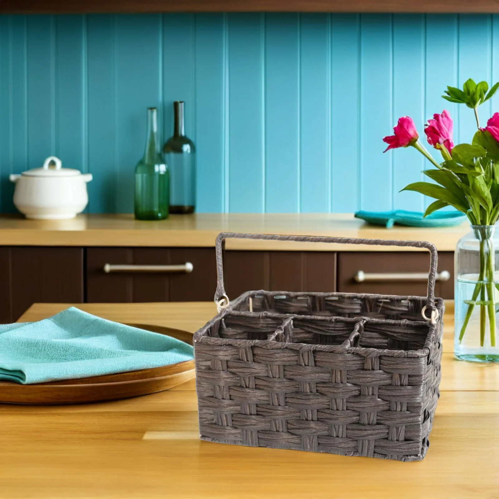 

Imitation Wicker Flatware Storage Basket Rustic Utensil Holder Portable Kitchen Organizer for Picnic Outdoor Parties