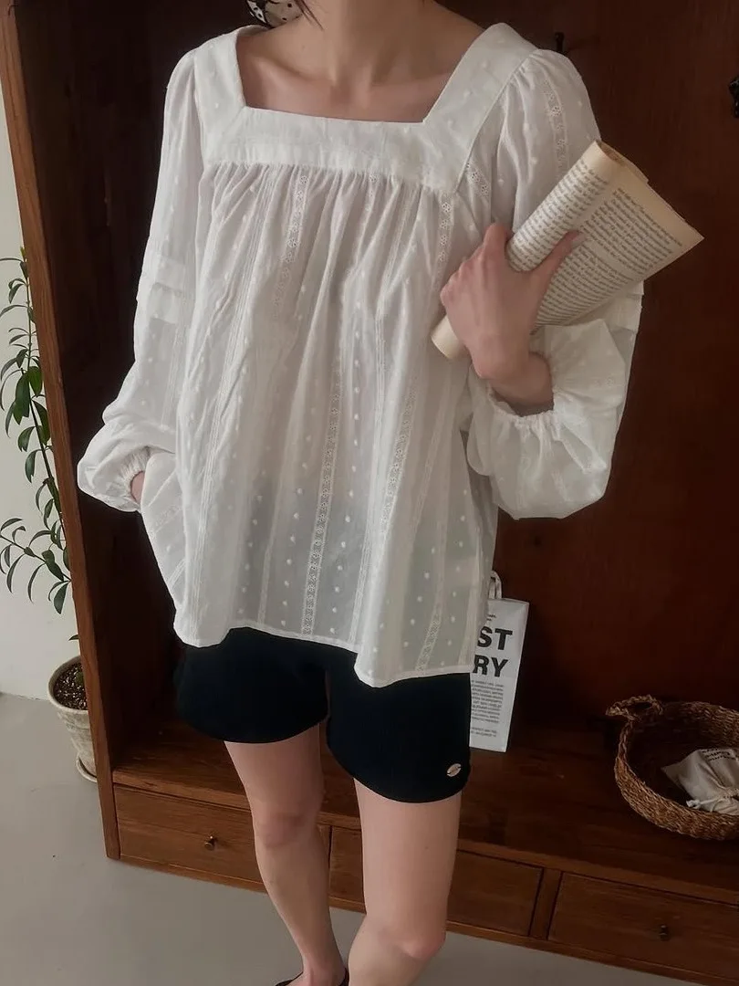 Slimming Effect  Knot White irt Women's Spring Loose Design Square Collarbone Highlighting Loose Fit Korean Sle Top