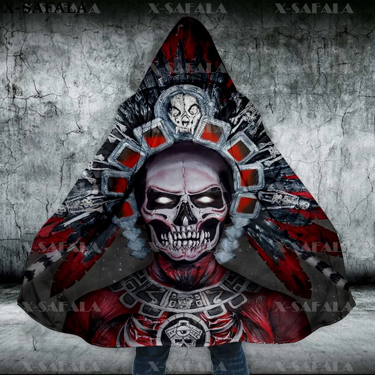 Ancient Skull Mexican Aztec Tattoo Mexico Thick Warm Hooded Cloak Men Overcoat Coat Windproof Fleece Cape Robe Hooded Blanket-15