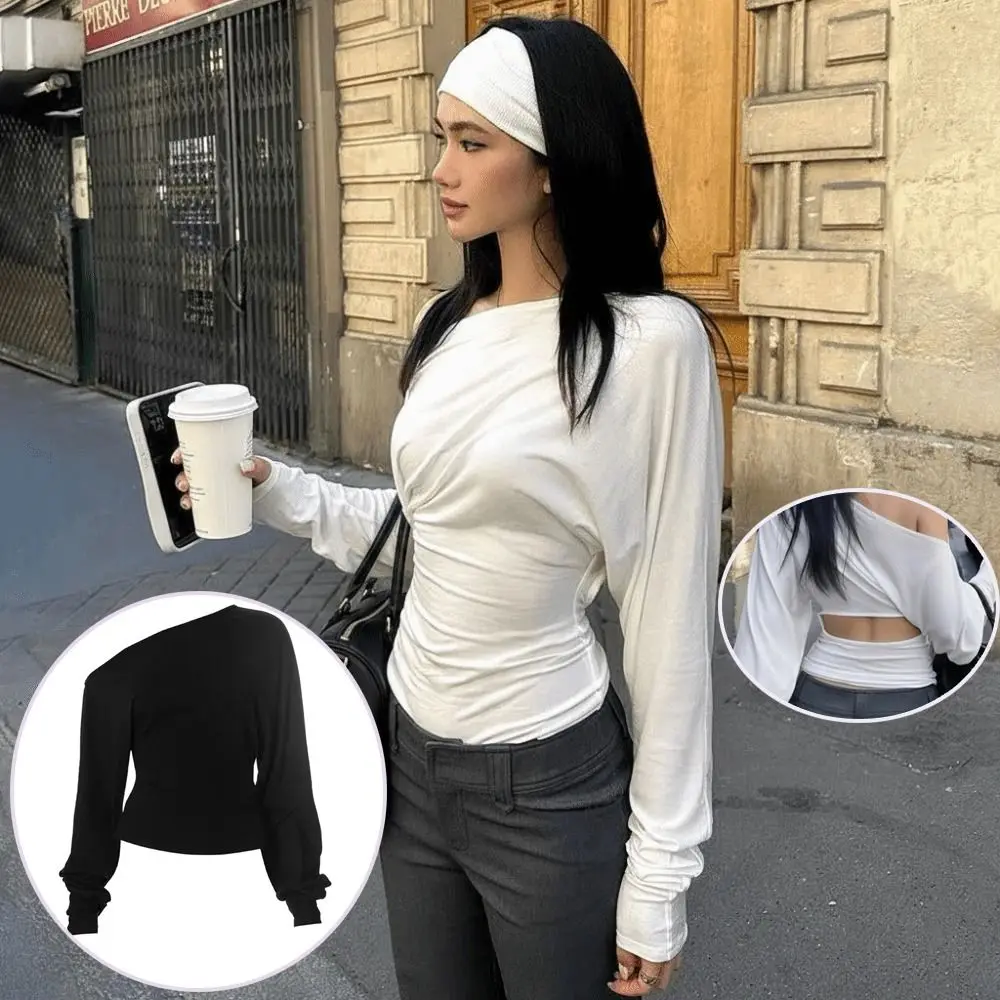 New Solid Color Women T-shirt Inclined Shoulder Slim Fit Long Sleeve Top Soft Skin Friendly Sexy Casual Tee Y2K Trend Matching