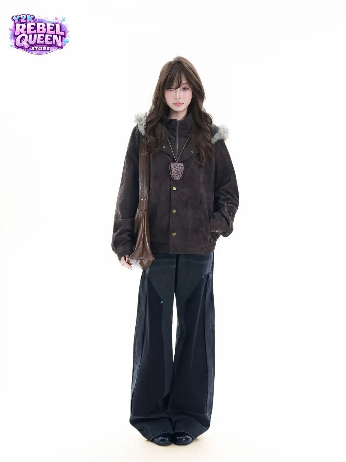 Vintage Mocha Brown Suede Hooded Jacket Unisex Double Layer Fur Trim Button Front Loose Fit Casual Versatile Streetwear Coat