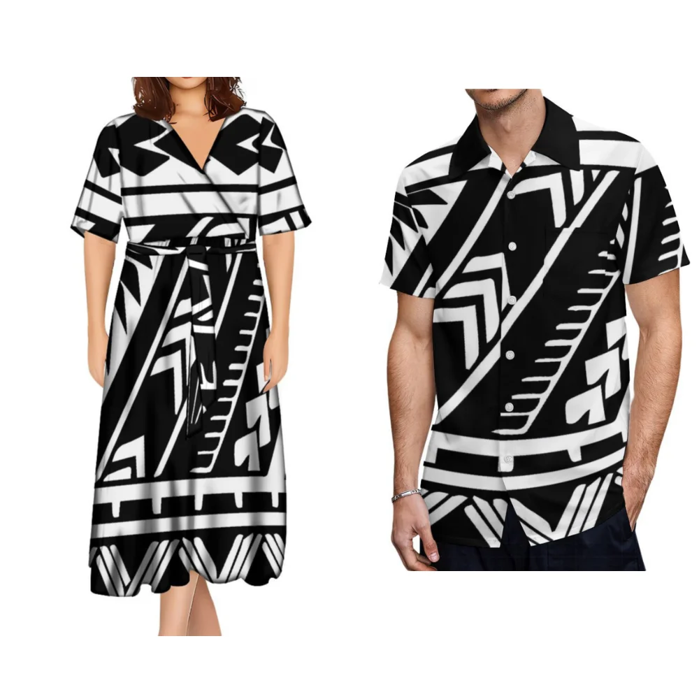 

2024 New Pacific Islands Women's And Men's Couples Set Polynesian Custom Patterned Women's Dress Men's Shirt Summer Short Sleeve