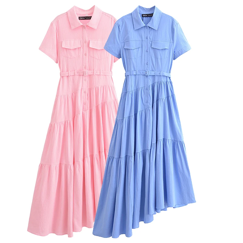 Willshela Women Fashion With Belt Striped Single Breasted Midi Dress Vintage Lapel Neck Short Sleeves Female Chic Lady Dresses