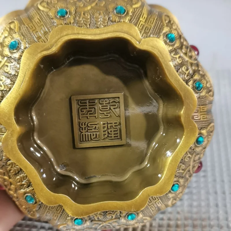 Gilt bowl with gemstone inlay, floral design, golden dragon, hexagonal gemstone bowl, home decoration piece