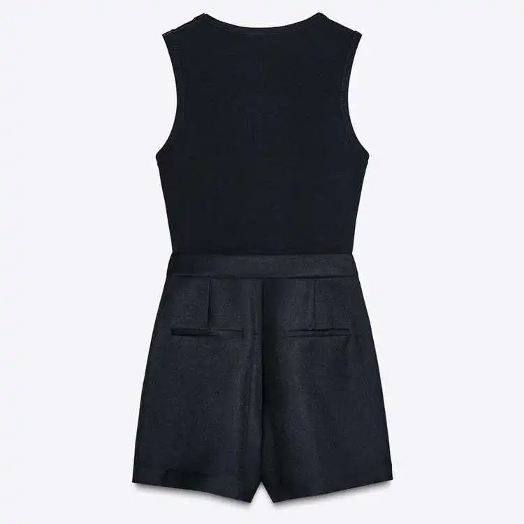 Spring New Women's American Workwear Sle round Ne Svel Belted Patchwork Jumpsuit High Waist A-Line Skirt ort Dr